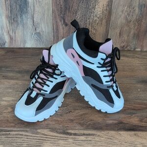 Women’s Chunky Lace-Up Sneakers in Black, White & Pink 37       AB121